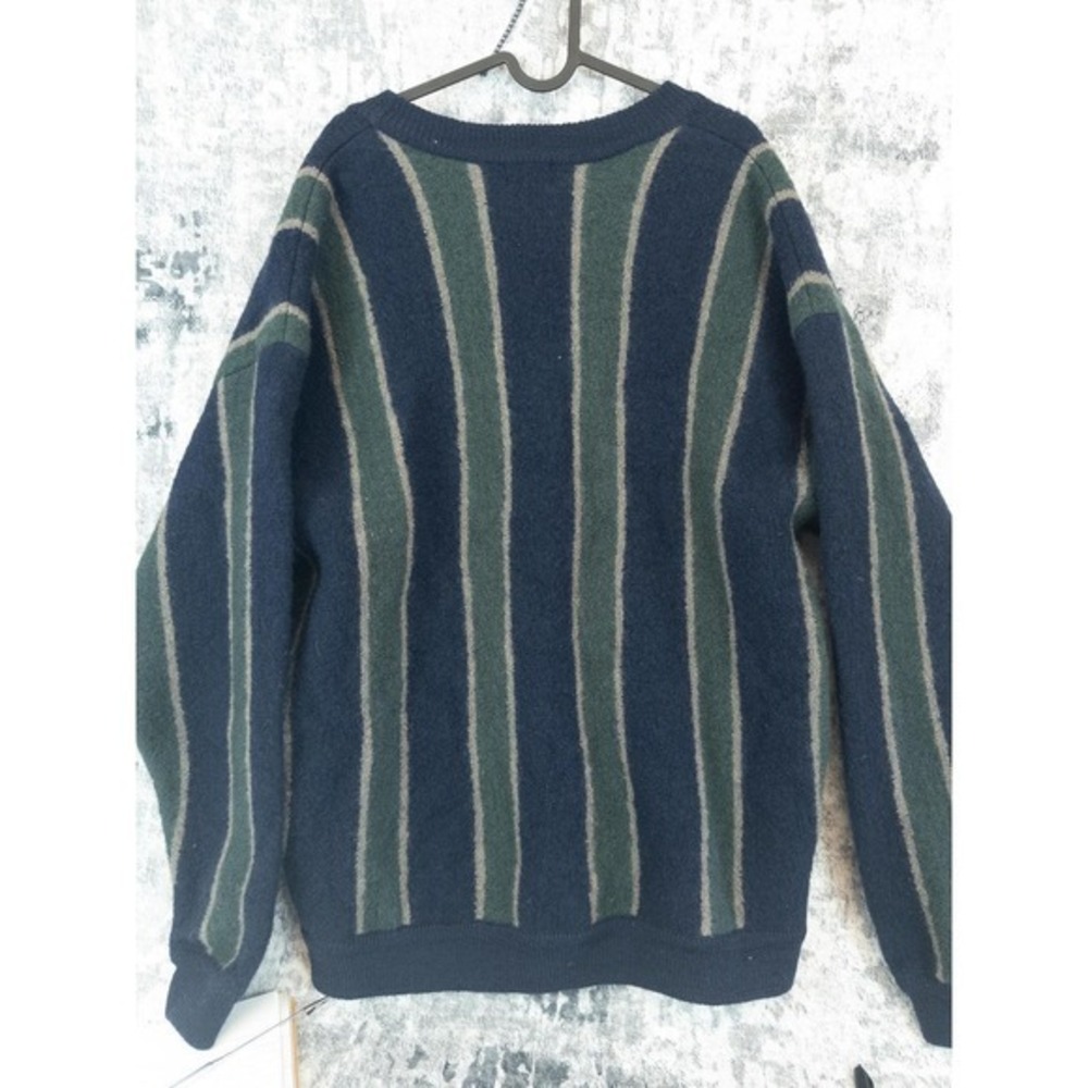 Vtg Structure Men XL 100% Wool Striped Cardigan Navy Green Grandpacore Y2K 90s - Picture 2 of 9
